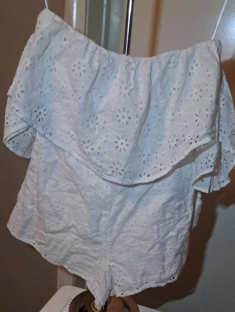 Elan White Eyelet Off-Shoulder Camisole Romper